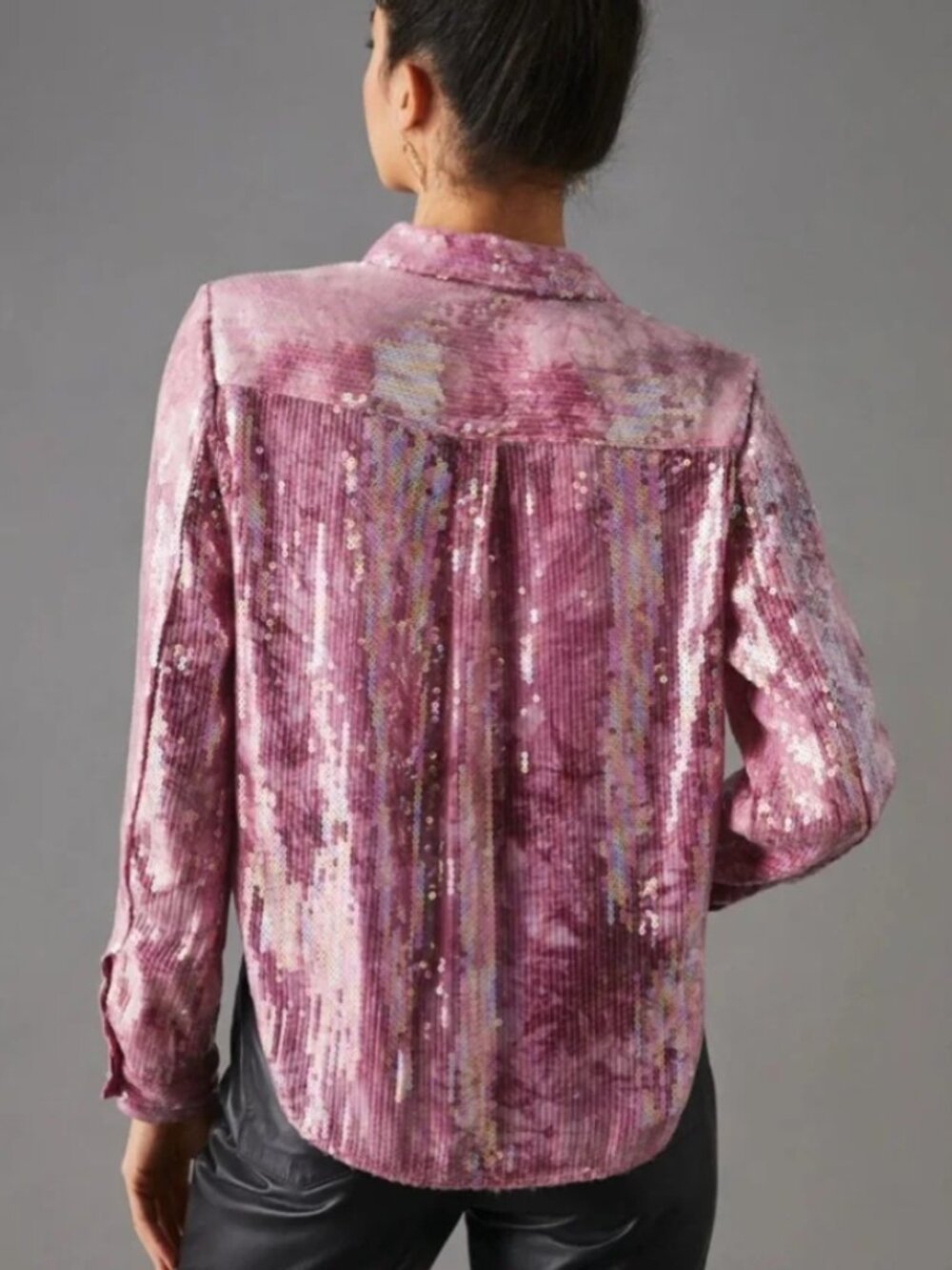 Pilcro Anthropologie Shrunken Pink Sequin Button Down Shirt Blouse - Picture 2 of 2